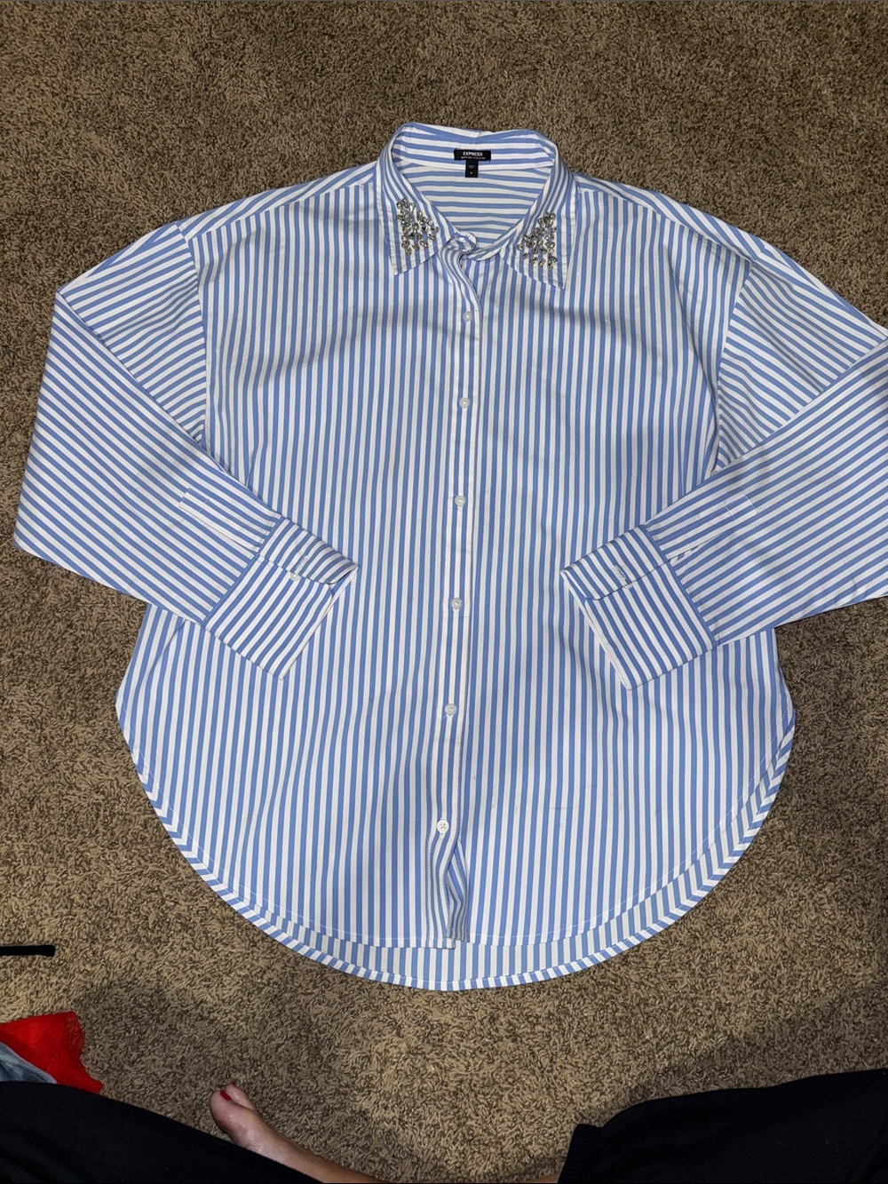 Classic Blue Stripe Button-Down Shirt with Embellished Collar